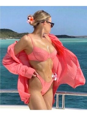 MONDAY Swimwear Monaco Linen Shirt Azalea Pink Button Down Size M